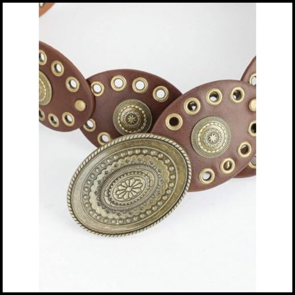 Western Wide Disc Belt Vintage Boho PU Leather Buckle Adjustable Dress Jeans - Picture 3 of 7